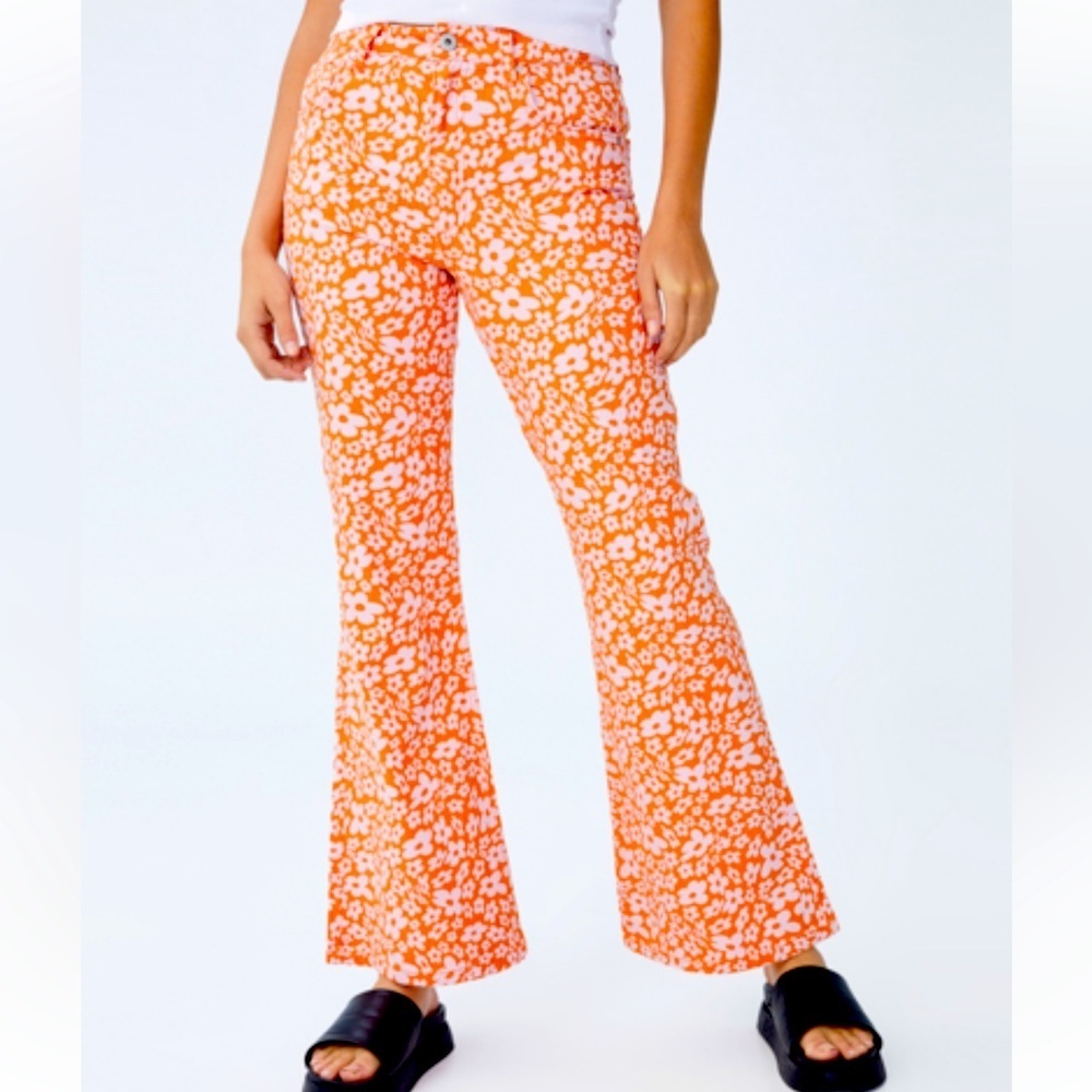 Women's Orange Floral Flare Jeans